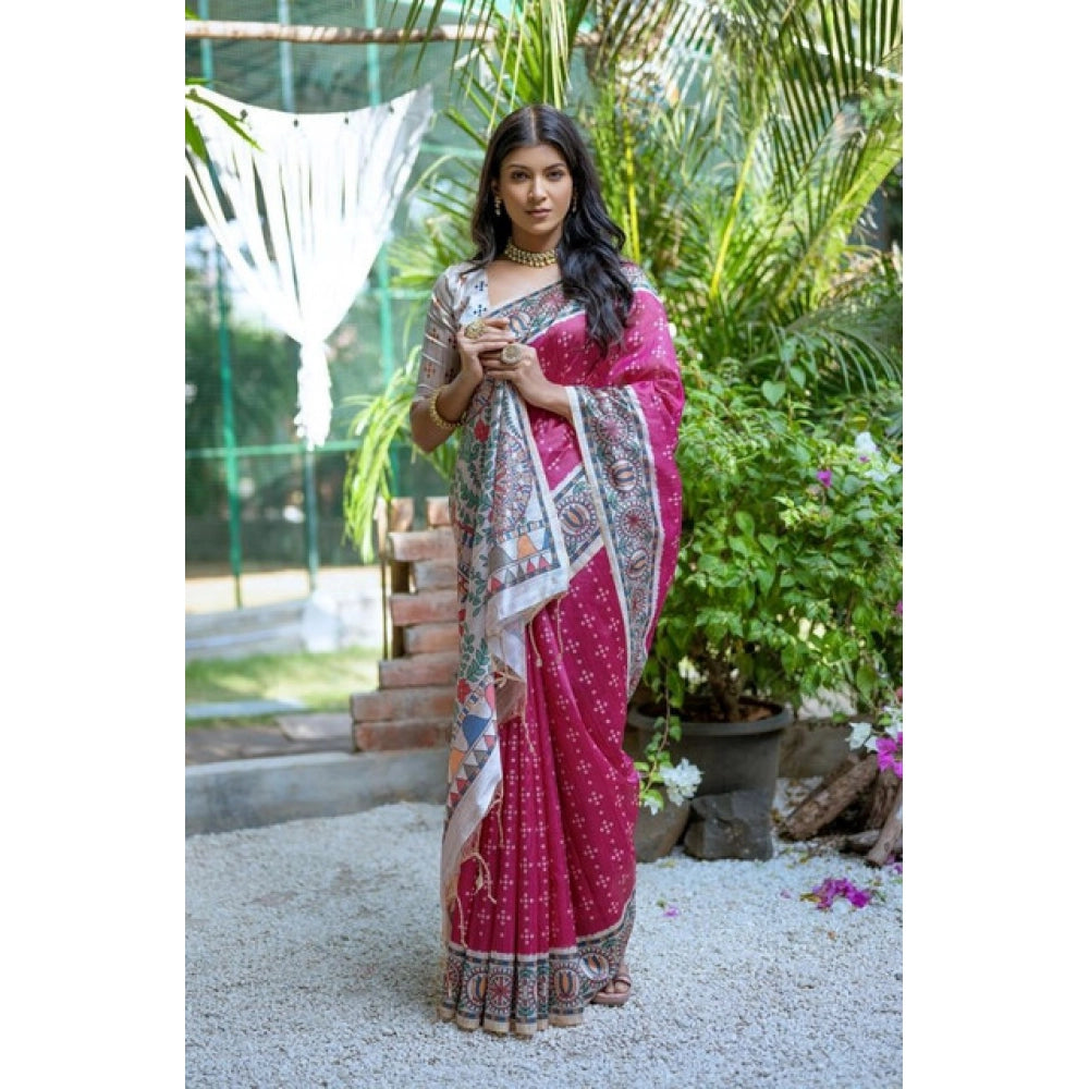 Women's Faux_Tussar Geometric_Print Saree With Unstitched Blouse 5.5Mtr (Pink) - VANSHELLE