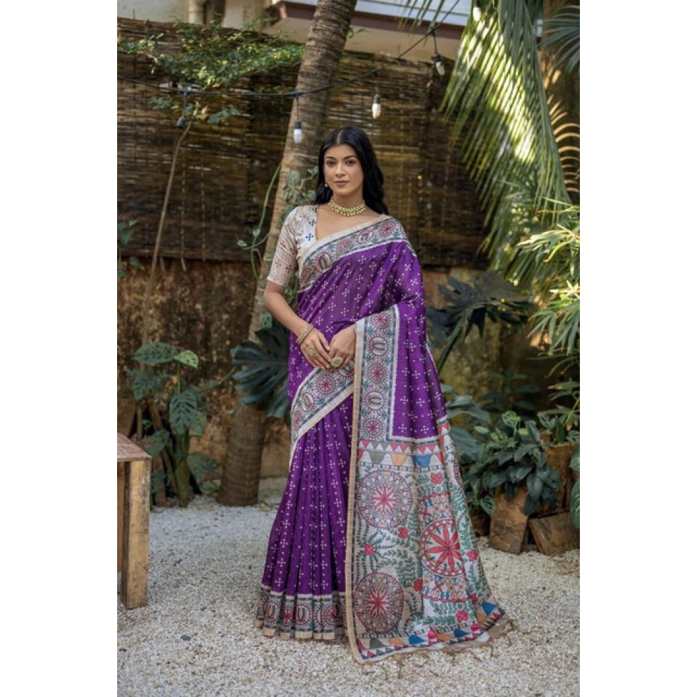 Women's Faux_Tussar Geometric_Print Saree With Unstitched Blouse 5.5Mtr (Purple) - VANSHELLE