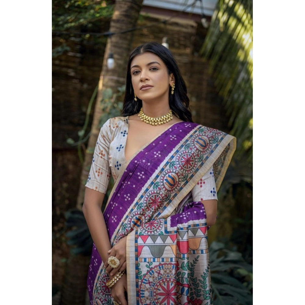 Women's Faux_Tussar Geometric_Print Saree With Unstitched Blouse 5.5Mtr (Purple) - VANSHELLE
