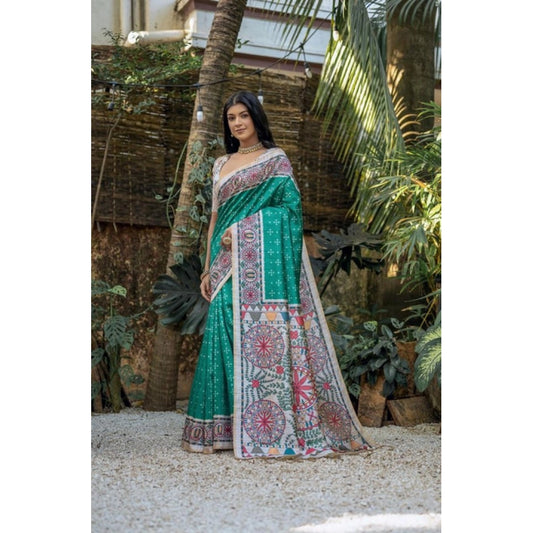 Women's Faux_Tussar Geometric_Print Saree With Unstitched Blouse 5.5Mtr (Rama_Green) - VANSHELLE