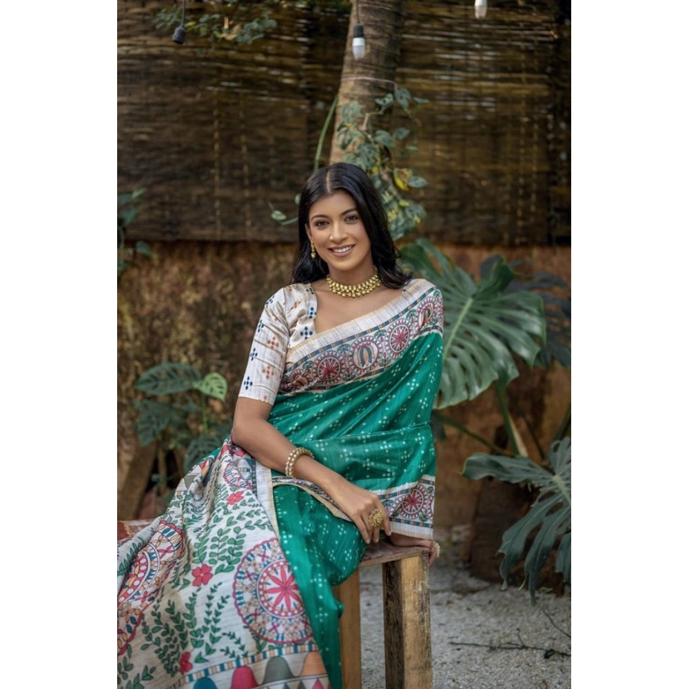 Women's Faux_Tussar Geometric_Print Saree With Unstitched Blouse 5.5Mtr (Rama_Green) - VANSHELLE