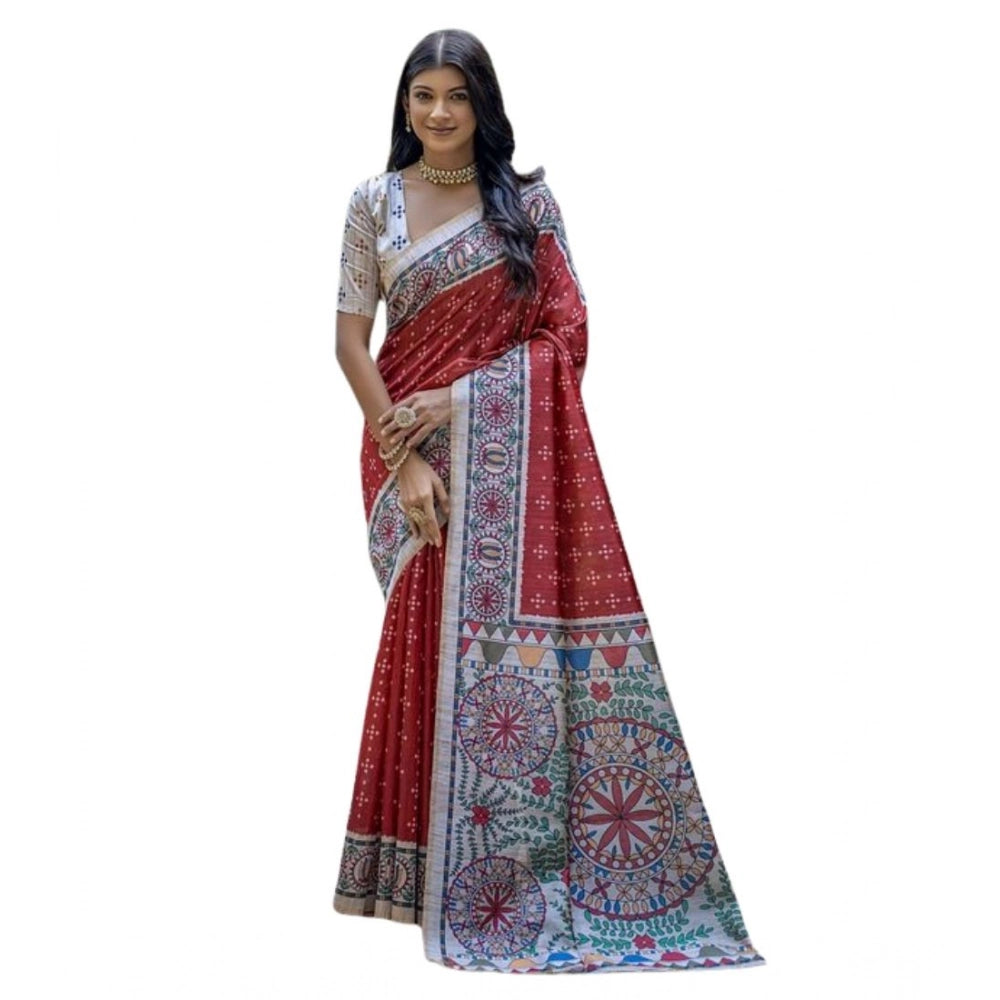 Women's Faux_Tussar Geometric_Print Saree With Unstitched Blouse 5.5Mtr (Red) - VANSHELLE
