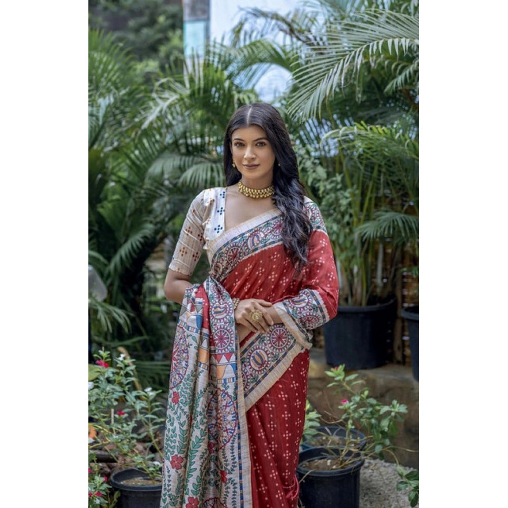 Women's Faux_Tussar Geometric_Print Saree With Unstitched Blouse 5.5Mtr (Red) - VANSHELLE