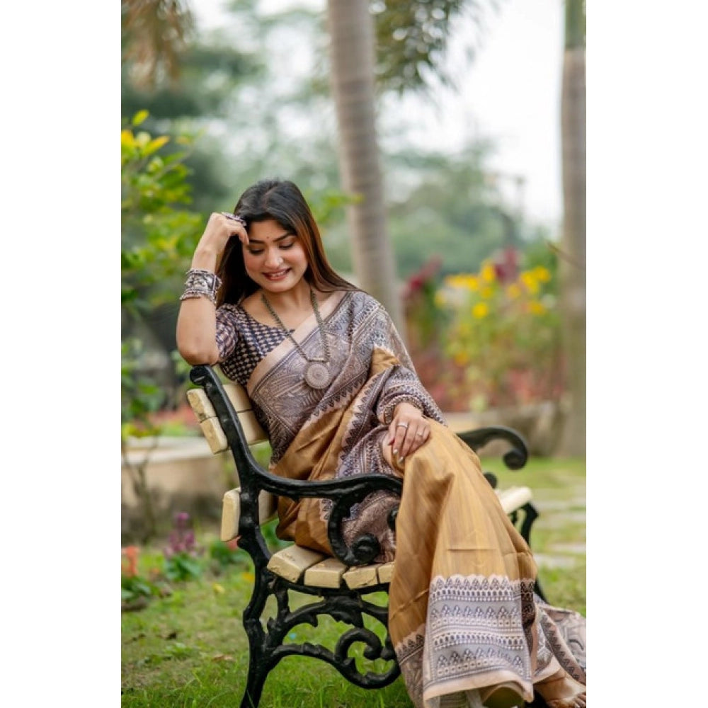 Women's Faux_Tussar Geometric_Print Saree With Unstitched Blouse 5.5Mtr (Mustard) - VANSHELLE