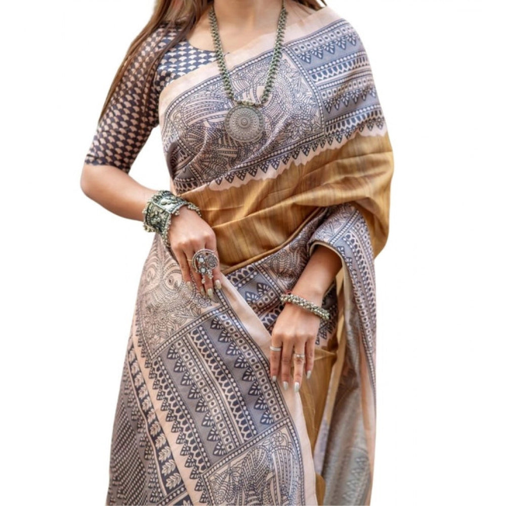 Women's Faux_Tussar Geometric_Print Saree With Unstitched Blouse 5.5Mtr (Mustard) - VANSHELLE