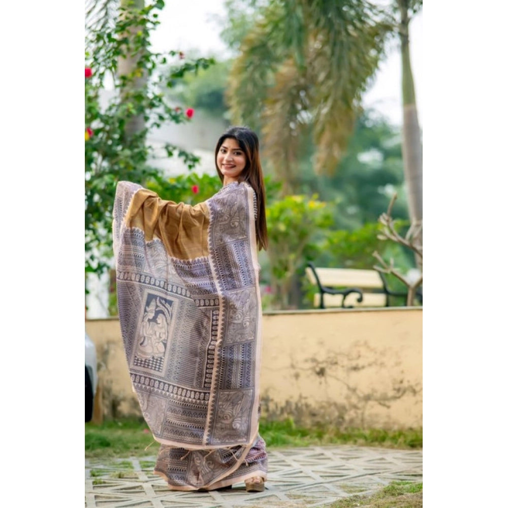 Women's Faux_Tussar Geometric_Print Saree With Unstitched Blouse 5.5Mtr (Mustard) - VANSHELLE