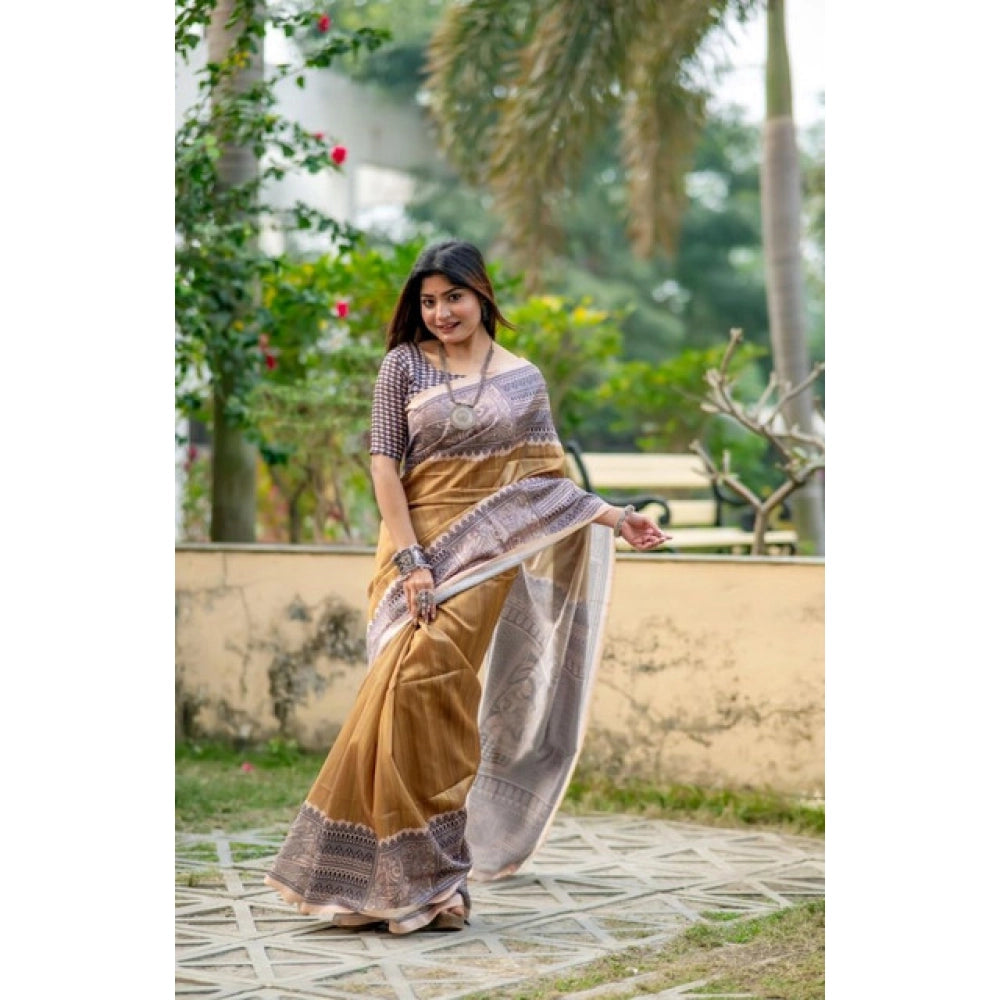Women's Faux_Tussar Geometric_Print Saree With Unstitched Blouse 5.5Mtr (Mustard) - VANSHELLE