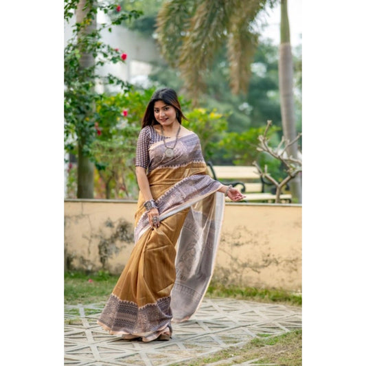 Women's Faux_Tussar Geometric_Print Saree With Unstitched Blouse 5.5Mtr (Mustard) - VANSHELLE