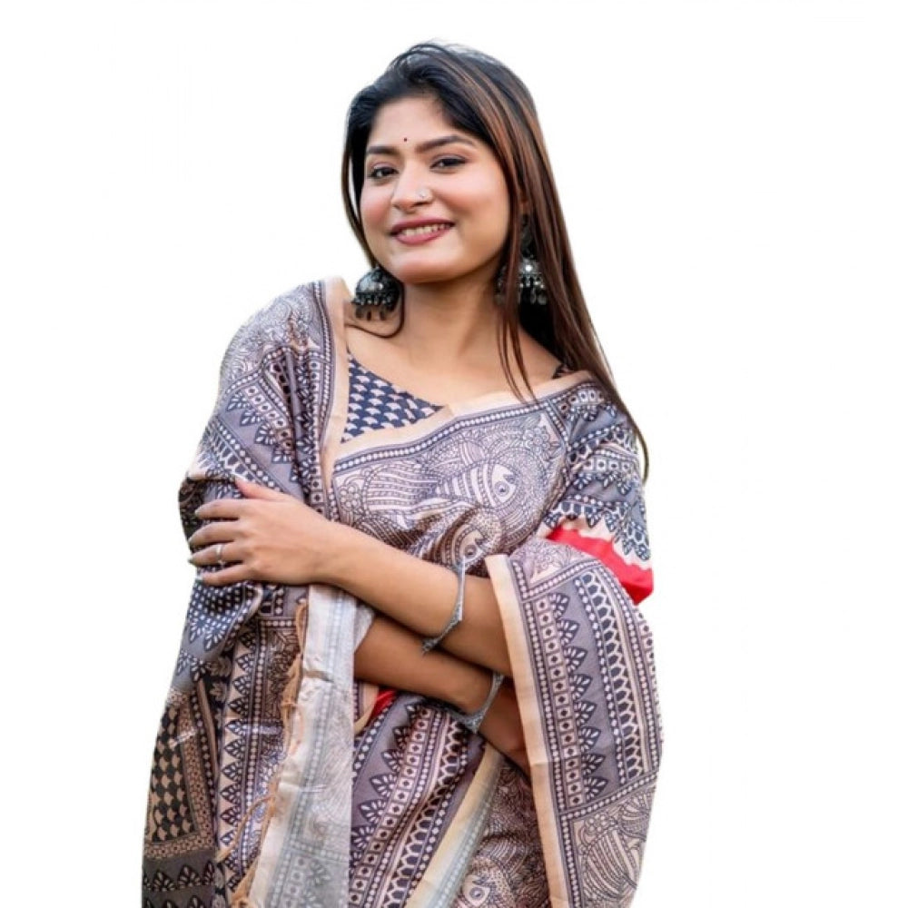 Women's Faux_Tussar Geometric_Print Saree With Unstitched Blouse 5.5Mtr (Orange) - VANSHELLE