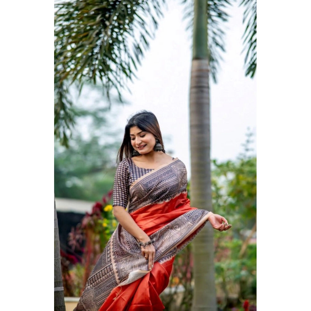 Women's Faux_Tussar Geometric_Print Saree With Unstitched Blouse 5.5Mtr (Orange) - VANSHELLE