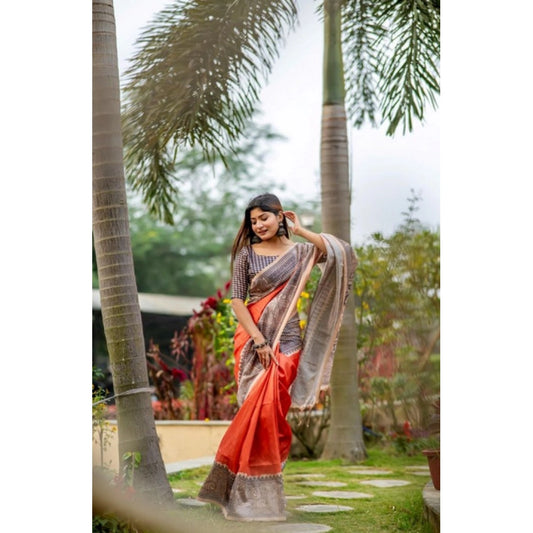 Women's Faux_Tussar Geometric_Print Saree With Unstitched Blouse 5.5Mtr (Orange) - VANSHELLE
