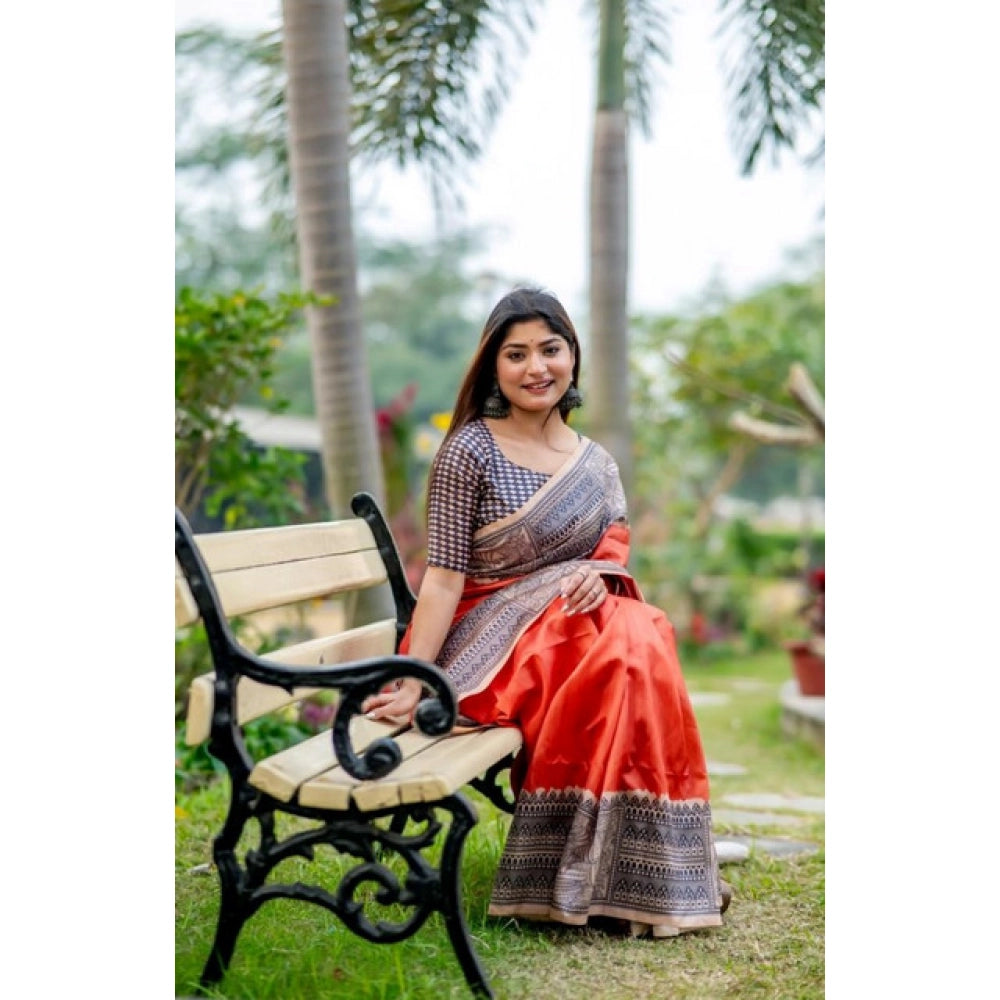 Women's Faux_Tussar Geometric_Print Saree With Unstitched Blouse 5.5Mtr (Orange) - VANSHELLE