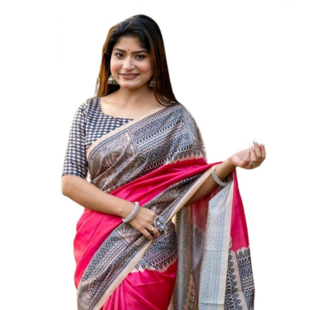 Women's Faux_Tussar Geometric_Print Saree With Unstitched Blouse 5.5Mtr (Pink) - VANSHELLE