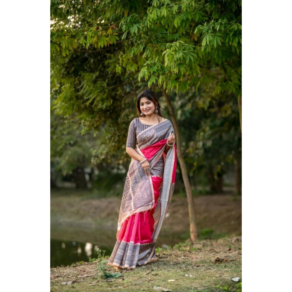 Women's Faux_Tussar Geometric_Print Saree With Unstitched Blouse 5.5Mtr (Pink) - VANSHELLE