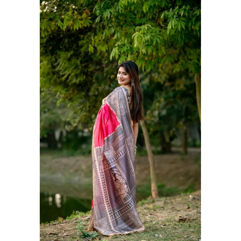 Women's Faux_Tussar Geometric_Print Saree With Unstitched Blouse 5.5Mtr (Pink) - VANSHELLE