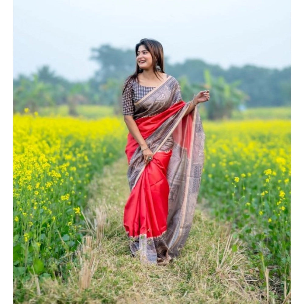 Women's Faux_Tussar Geometric_Print Saree With Unstitched Blouse 5.5Mtr (Pink) - VANSHELLE
