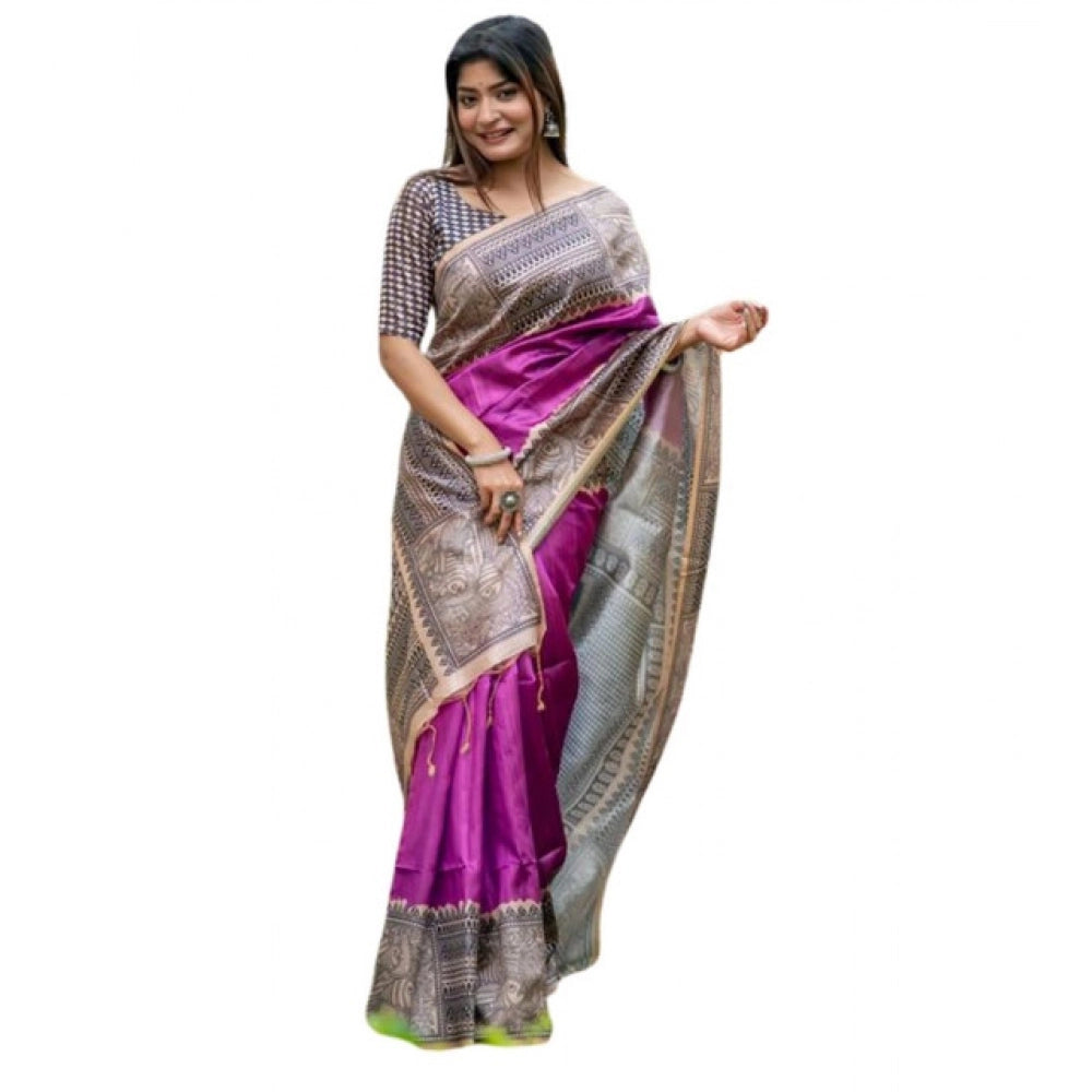 Women's Faux_Tussar Geometric_Print Saree With Unstitched Blouse 5.5Mtr (Purple) - VANSHELLE
