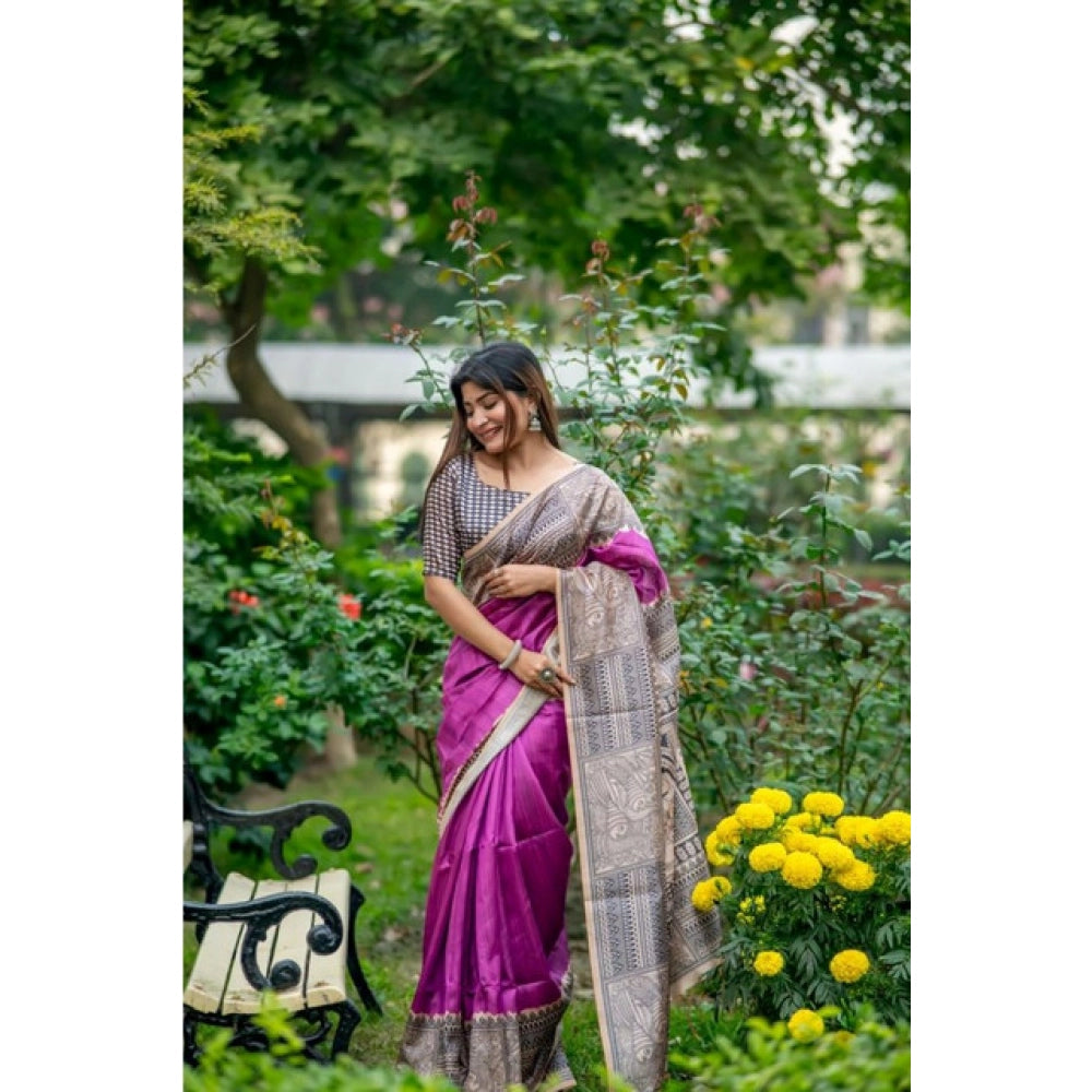 Women's Faux_Tussar Geometric_Print Saree With Unstitched Blouse 5.5Mtr (Purple) - VANSHELLE