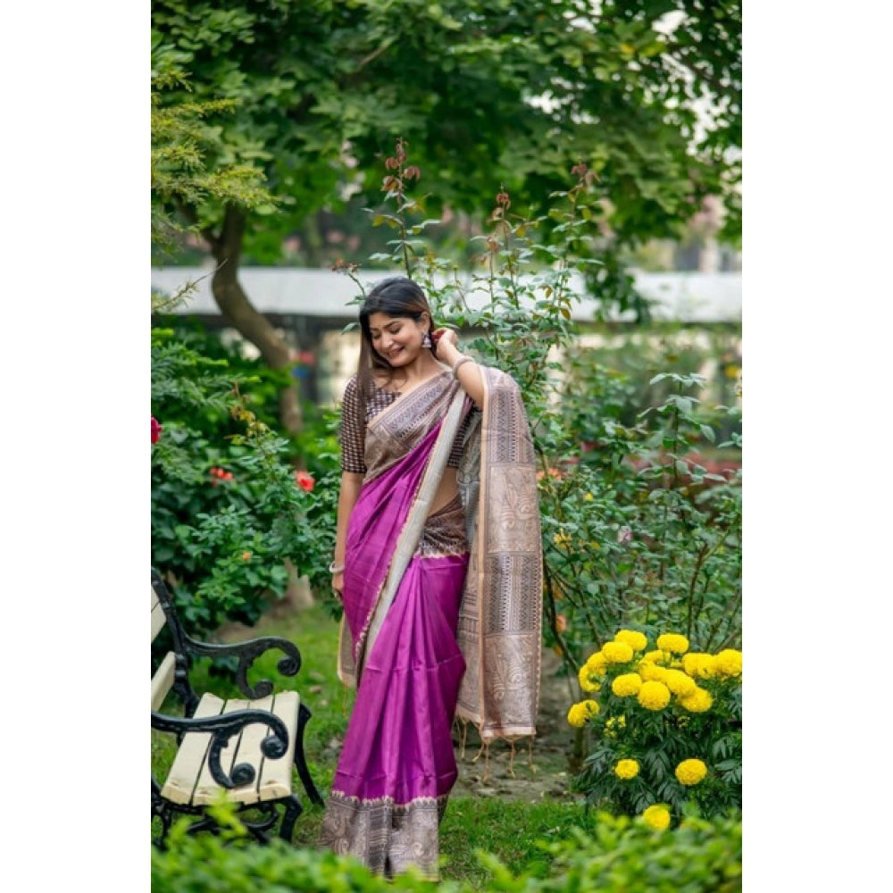 Women's Faux_Tussar Geometric_Print Saree With Unstitched Blouse 5.5Mtr (Purple) - VANSHELLE