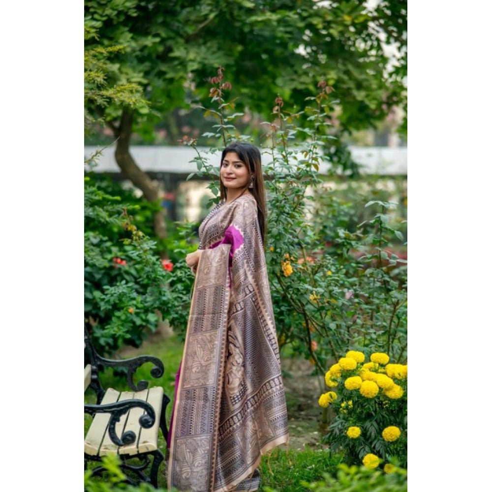 Women's Faux_Tussar Geometric_Print Saree With Unstitched Blouse 5.5Mtr (Purple) - VANSHELLE