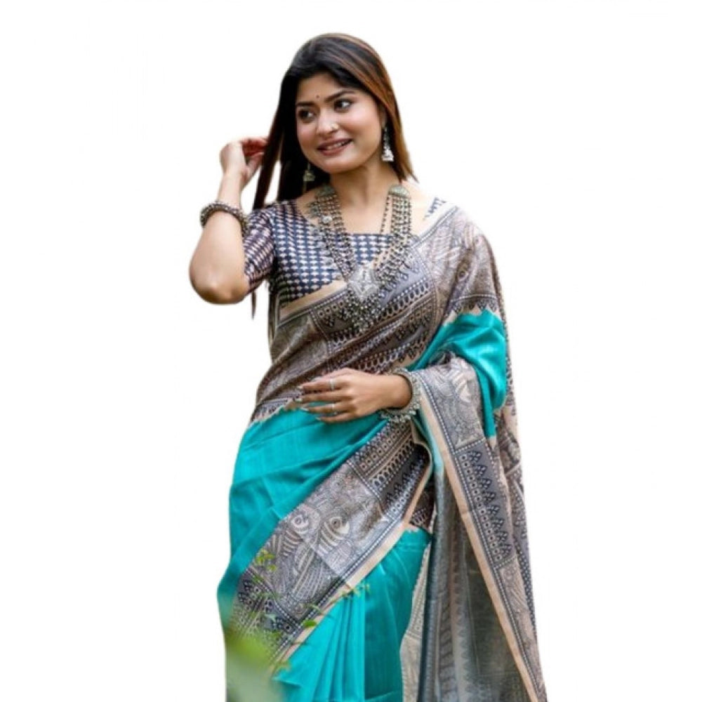 Women's Faux_Tussar Geometric_Print Saree With Unstitched Blouse 5.5Mtr (Rama_Green) - VANSHELLE