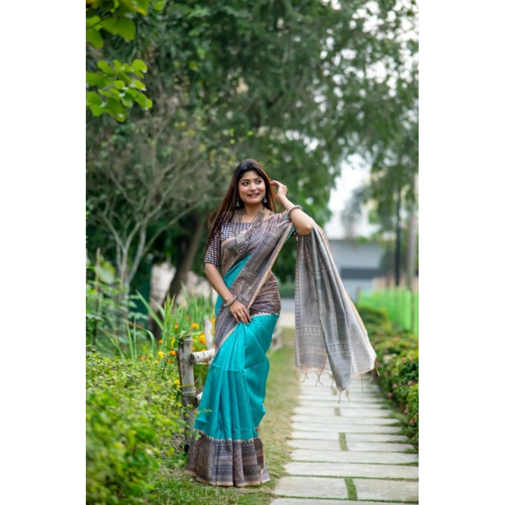 Women's Faux_Tussar Geometric_Print Saree With Unstitched Blouse 5.5Mtr (Rama_Green) - VANSHELLE