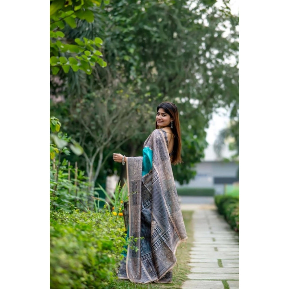 Women's Faux_Tussar Geometric_Print Saree With Unstitched Blouse 5.5Mtr (Rama_Green) - VANSHELLE