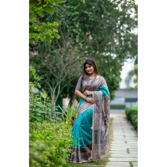 Women's Faux_Tussar Geometric_Print Saree With Unstitched Blouse 5.5Mtr (Rama_Green) - VANSHELLE