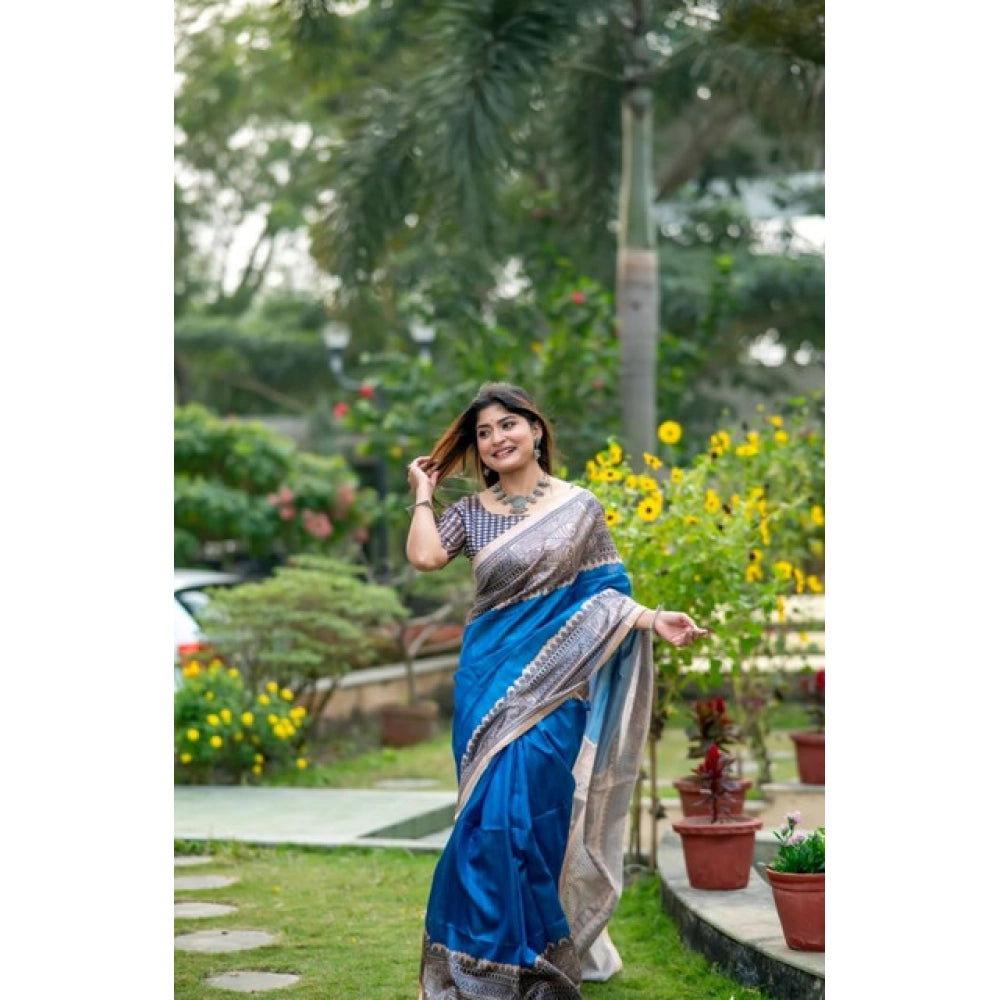 Women's Faux_Tussar Geometric_Print Saree With Unstitched Blouse 5.5Mtr (Royal_Blue) - VANSHELLE