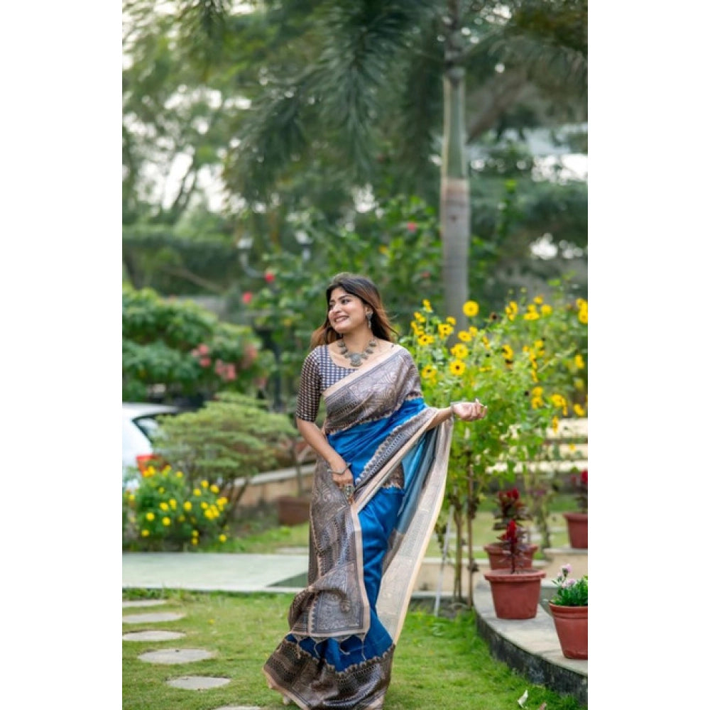 Women's Faux_Tussar Geometric_Print Saree With Unstitched Blouse 5.5Mtr (Royal_Blue) - VANSHELLE