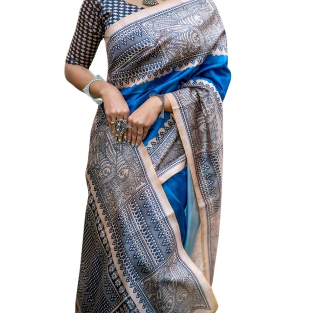 Women's Faux_Tussar Geometric_Print Saree With Unstitched Blouse 5.5Mtr (Royal_Blue) - VANSHELLE