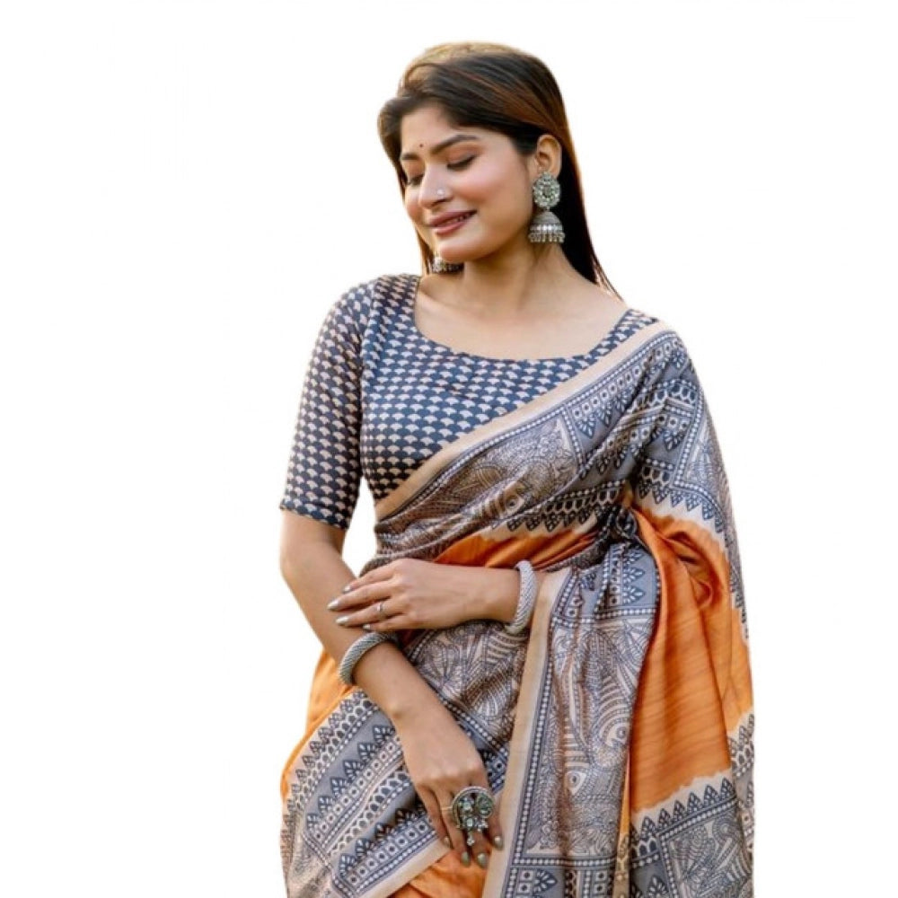 Women's Faux_Tussar Geometric_Print Saree With Unstitched Blouse 5.5Mtr (Rust) - VANSHELLE