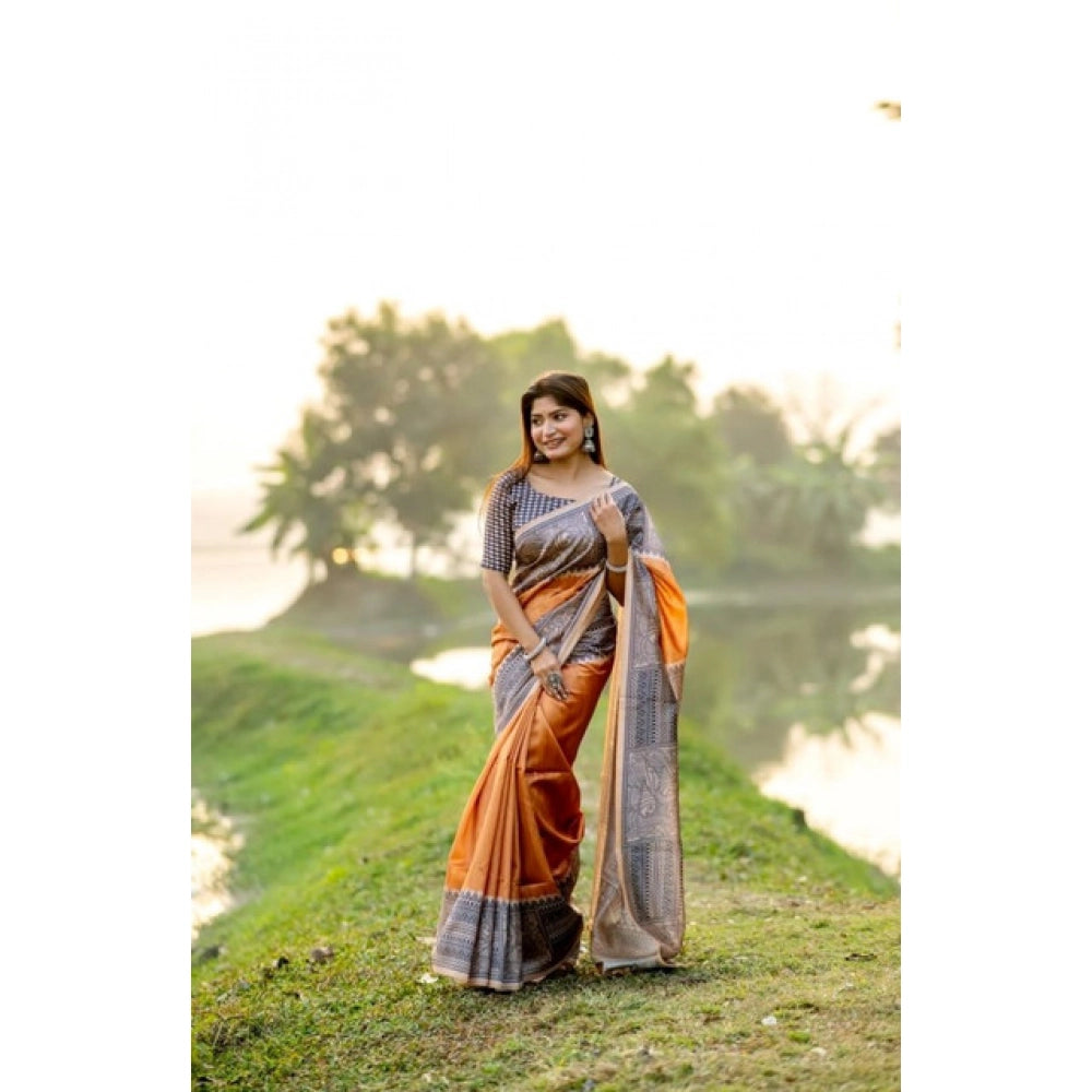 Women's Faux_Tussar Geometric_Print Saree With Unstitched Blouse 5.5Mtr (Rust) - VANSHELLE