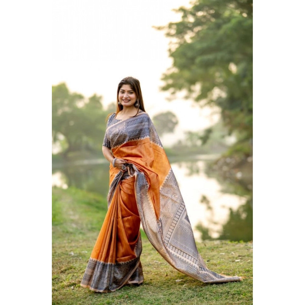 Women's Faux_Tussar Geometric_Print Saree With Unstitched Blouse 5.5Mtr (Rust) - VANSHELLE