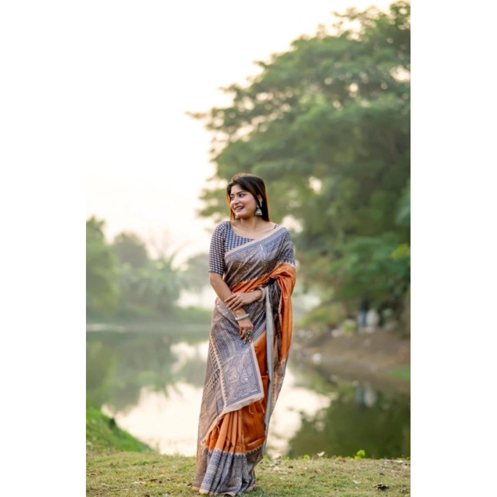 Women's Faux_Tussar Geometric_Print Saree With Unstitched Blouse 5.5Mtr (Rust) - VANSHELLE