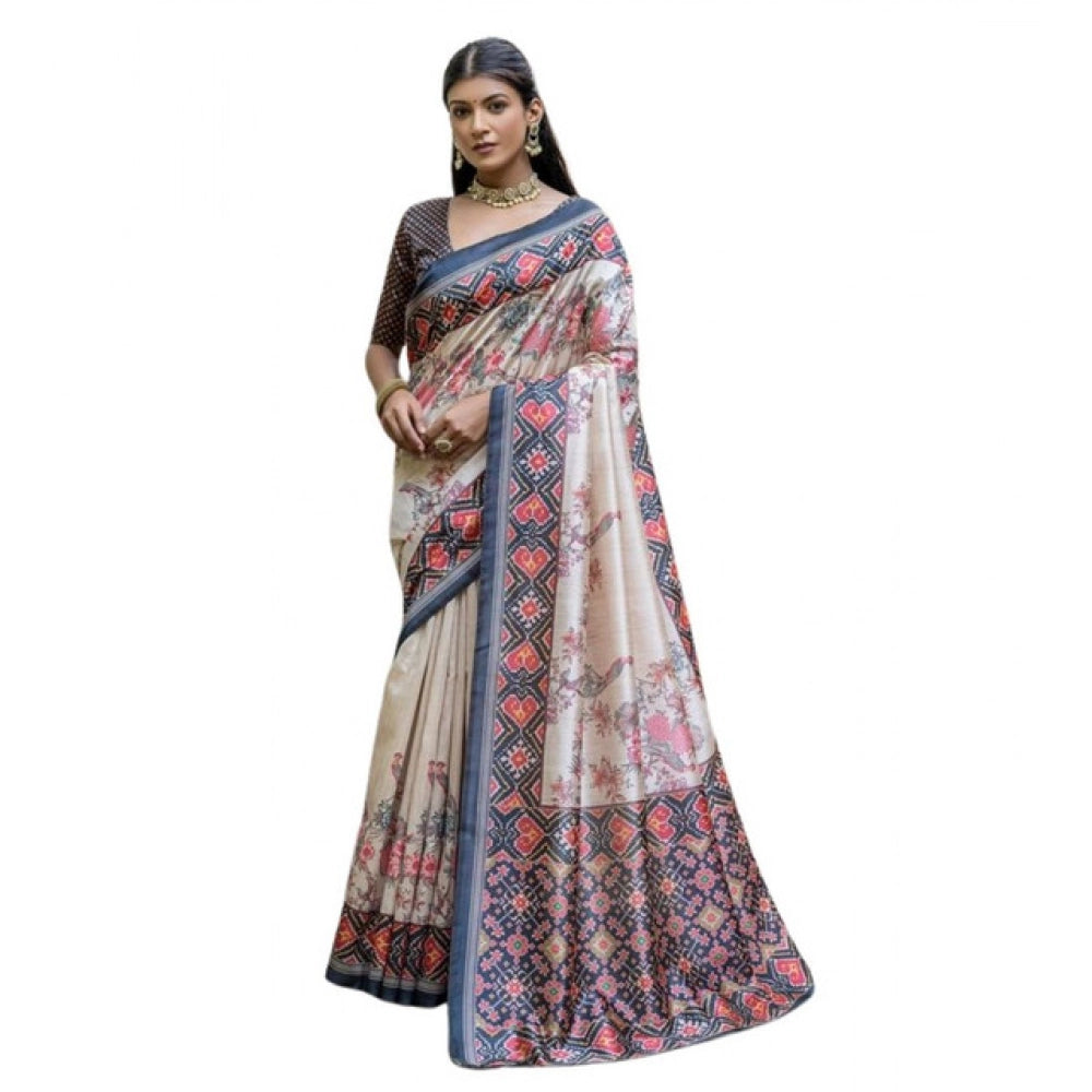 Women's Faux_Tussar Floral Jal With Patola Print Saree With Unstitched Blouse 5.5Mtr (Black) - VANSHELLE