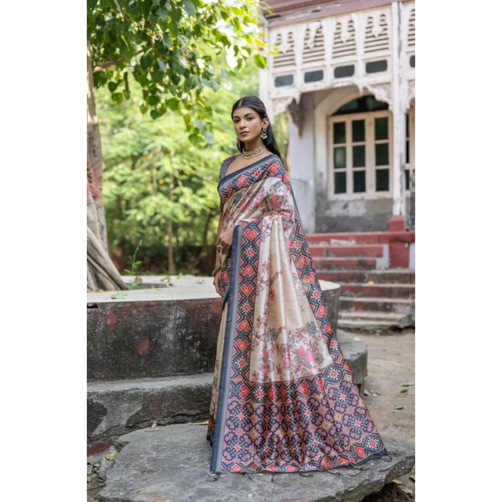 Women's Faux_Tussar Floral Jal With Patola Print Saree With Unstitched Blouse 5.5Mtr (Black) - VANSHELLE