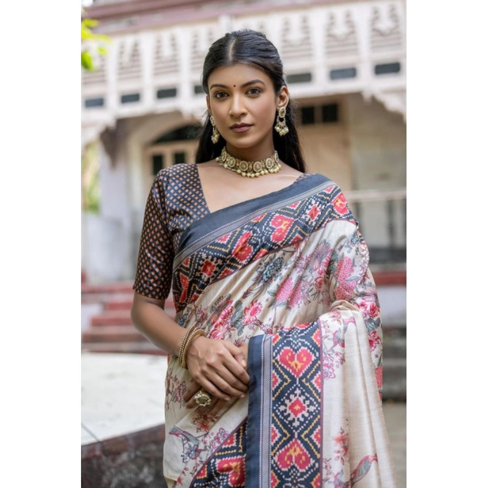 Women's Faux_Tussar Floral Jal With Patola Print Saree With Unstitched Blouse 5.5Mtr (Black) - VANSHELLE