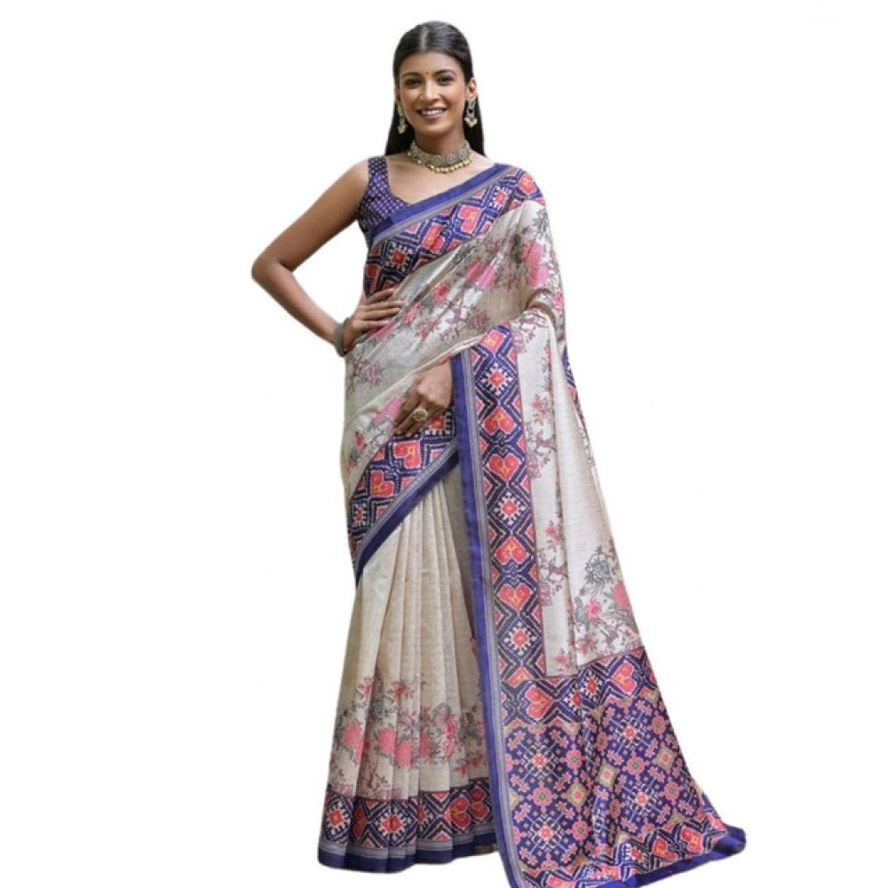 Women's Faux_Tussar Floral Jal With Patola Print Saree With Unstitched Blouse 5.5Mtr (Blue) - VANSHELLE