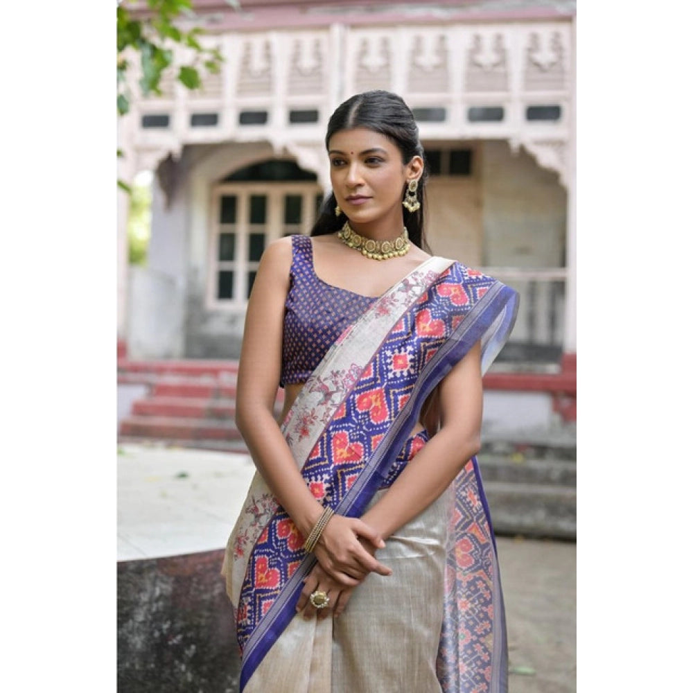Women's Faux_Tussar Floral Jal With Patola Print Saree With Unstitched Blouse 5.5Mtr (Blue) - VANSHELLE