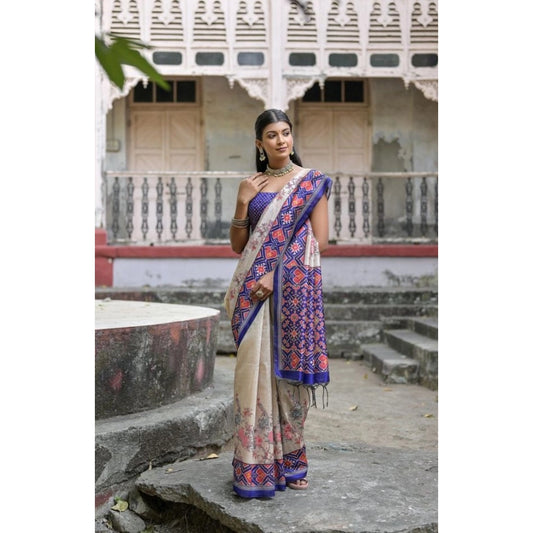 Women's Faux_Tussar Floral Jal With Patola Print Saree With Unstitched Blouse 5.5Mtr (Blue) - VANSHELLE