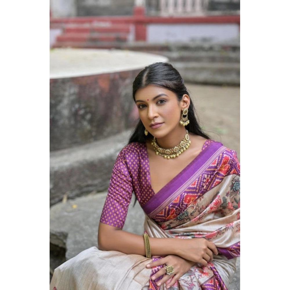 Women's Faux_Tussar Floral Jal With Patola Print Saree With Unstitched Blouse 5.5Mtr (Lavender) - VANSHELLE