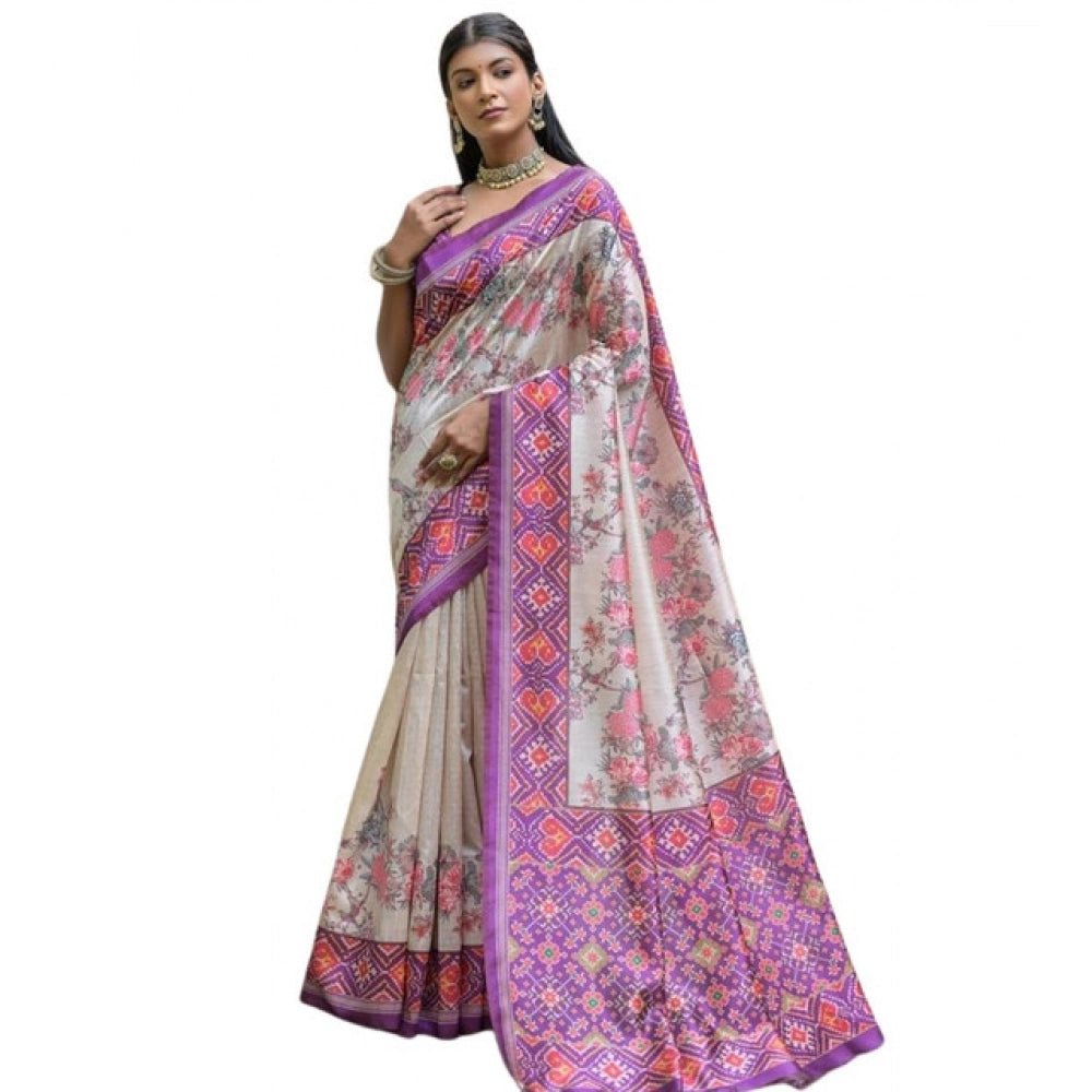 Women's Faux_Tussar Floral Jal With Patola Print Saree With Unstitched Blouse 5.5Mtr (Lavender) - VANSHELLE