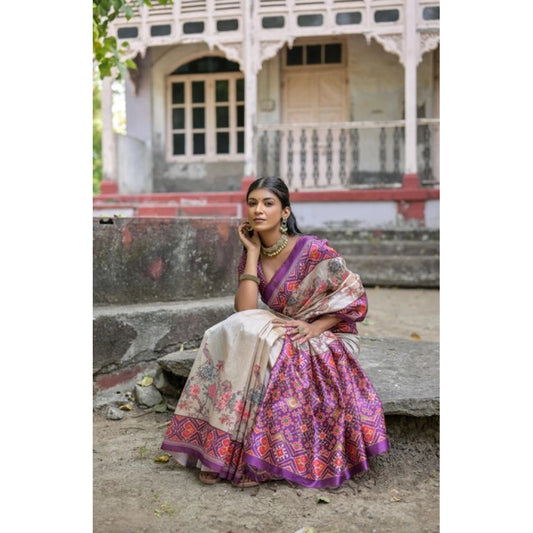 Women's Faux_Tussar Floral Jal With Patola Print Saree With Unstitched Blouse 5.5Mtr (Lavender) - VANSHELLE