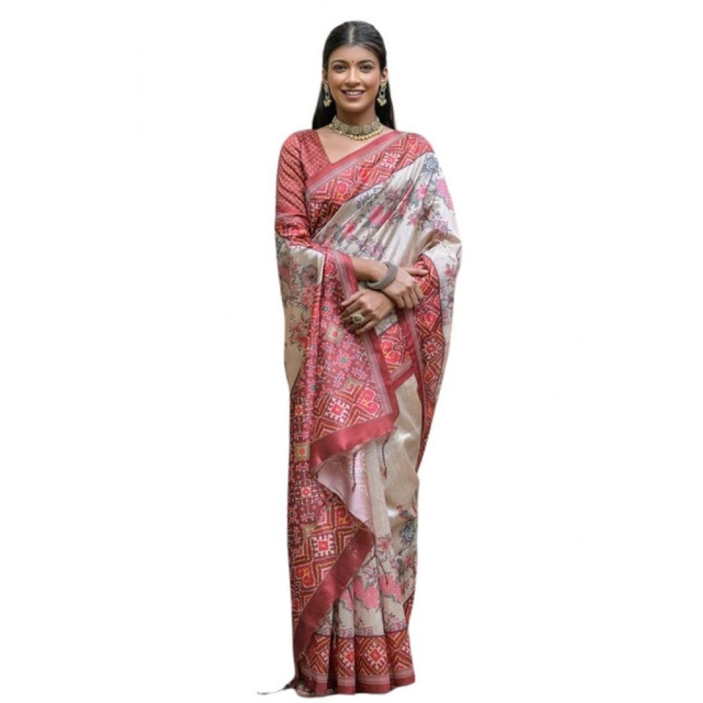 Women's Faux_Tussar Floral Jal With Patola Print Saree With Unstitched Blouse 5.5Mtr (Maroon) - VANSHELLE