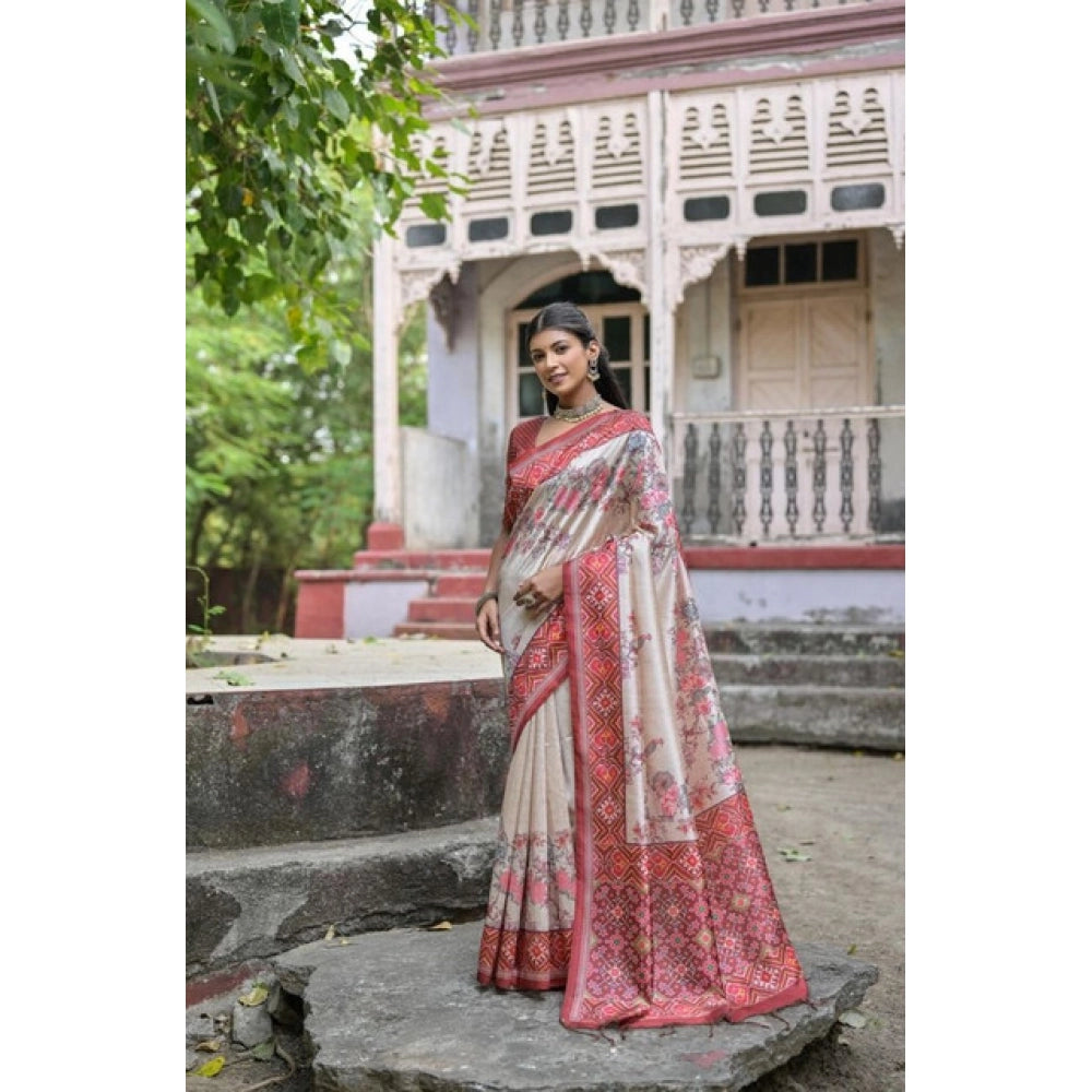 Women's Faux_Tussar Floral Jal With Patola Print Saree With Unstitched Blouse 5.5Mtr (Maroon) - VANSHELLE