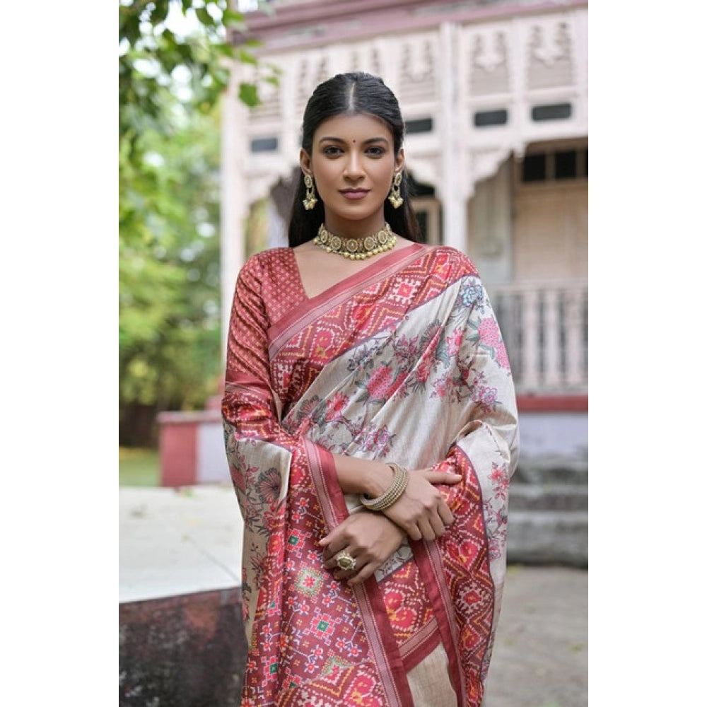 Women's Faux_Tussar Floral Jal With Patola Print Saree With Unstitched Blouse 5.5Mtr (Maroon) - VANSHELLE