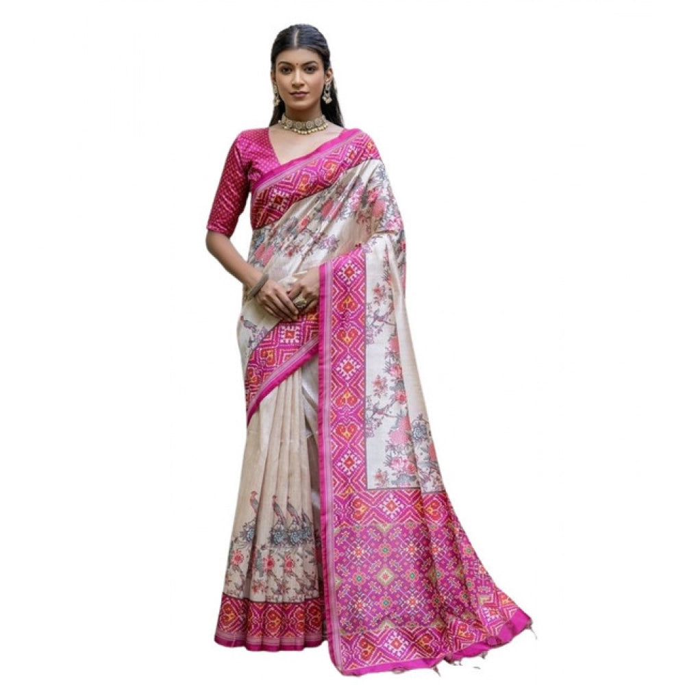 Women's Faux_Tussar Floral Jal With Patola Print Saree With Unstitched Blouse 5.5Mtr (Pink) - VANSHELLE