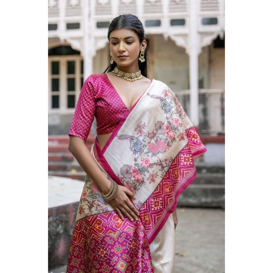 Women's Faux_Tussar Floral Jal With Patola Print Saree With Unstitched Blouse 5.5Mtr (Pink) - VANSHELLE