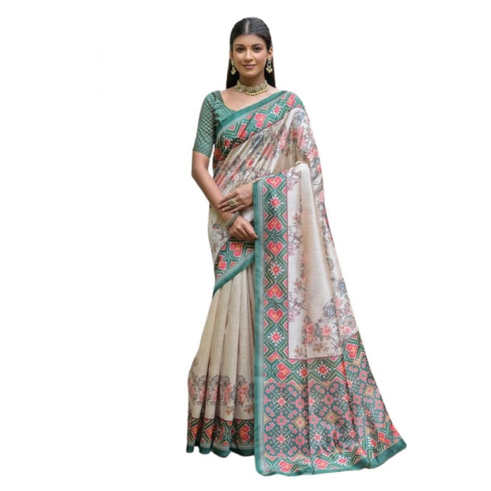 Women's Faux_Tussar Floral Jal With Patola Print Saree With Unstitched Blouse 5.5Mtr (Teal) - VANSHELLE